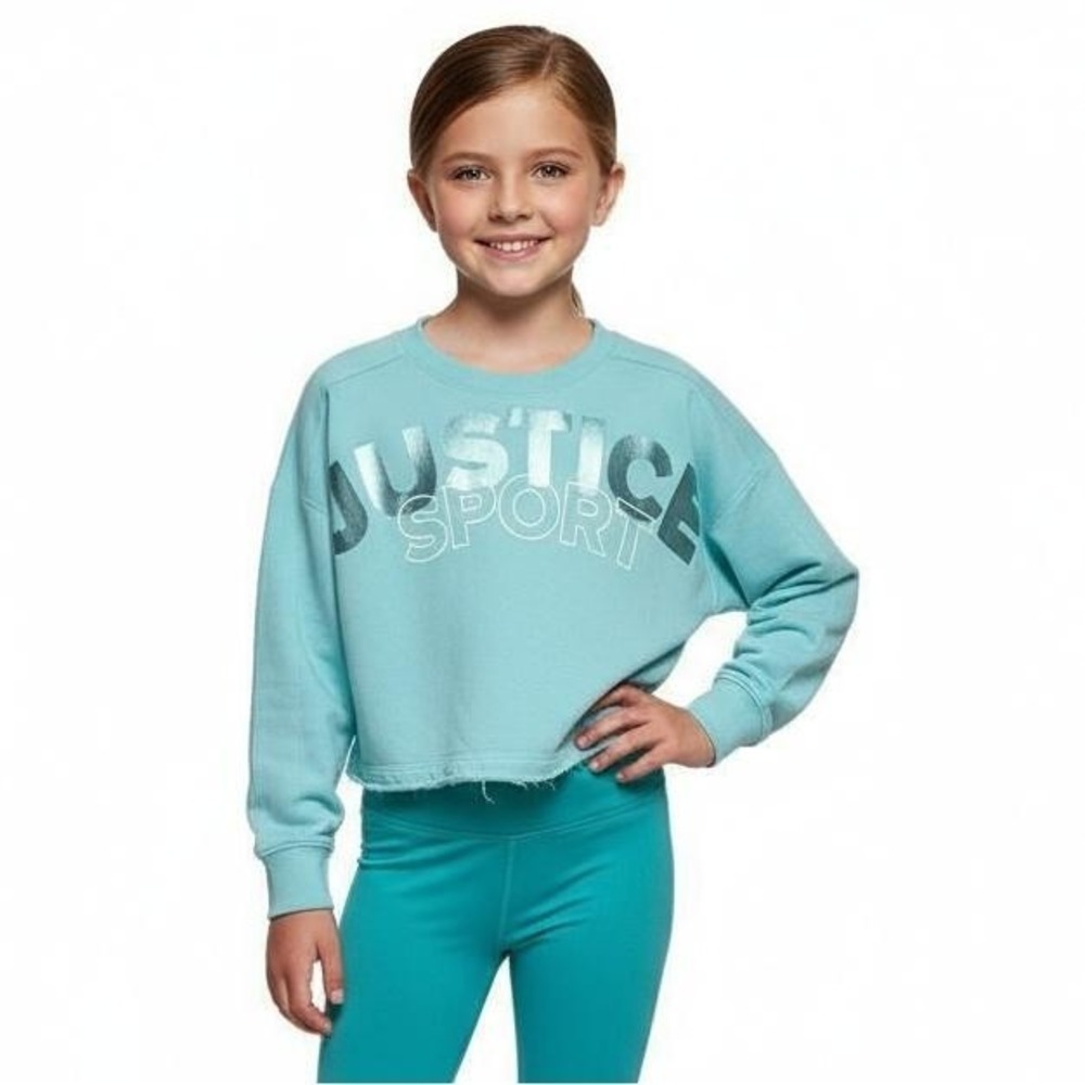 JUSTICE Sport Activewear Girls 12 Teal Crop Sweatshirt Crew Neck Athleisure